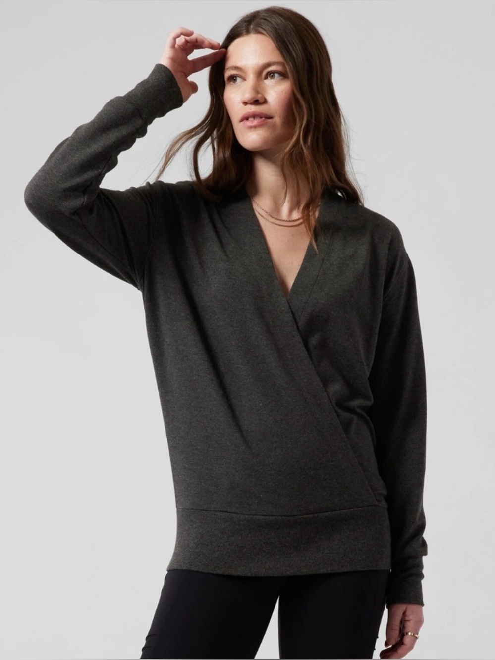Athleta Wrap Sweater Top Gray Long Sleeve Soft Knit Crossover Small Athleisure